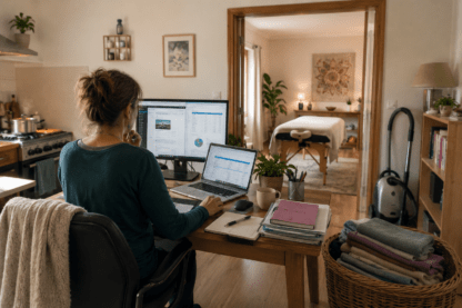 Entrepreneuse travaillant sur son ordinateur tandis que sa salle de massage vide attend derrière elle.