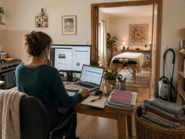 Entrepreneuse travaillant sur son ordinateur tandis que sa salle de massage vide attend derrière elle.