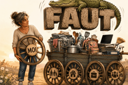 Femme tenant la cinquième roue « Moi » devant un char chargé de responsabilités, dominé par le mot « Faut » et son crocodile intérieur.