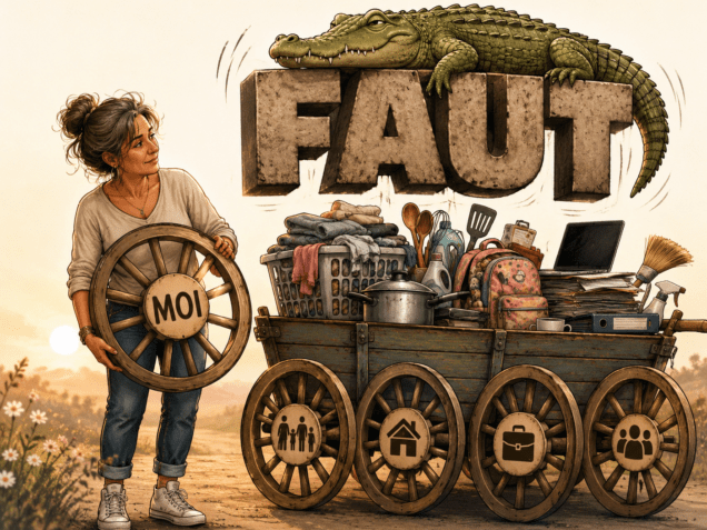 Femme tenant la cinquième roue « Moi » devant un char chargé de responsabilités, dominé par le mot « Faut » et son crocodile intérieur.