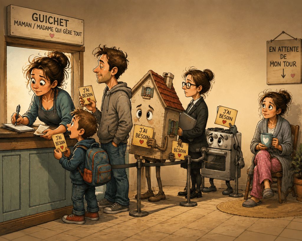 Une femme répond aux besoins des enfants, du conjoint, du travail et de la maison, tandis qu’elle attend son propre tour.