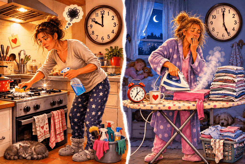 Deux femmes illustrent la génération du « il faut » : l’une nettoie sa gazinière à 22 h, l’autre repasse son linge à 5 h du matin.