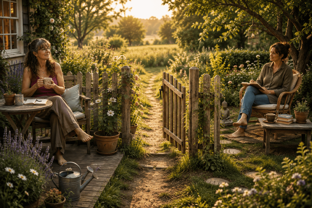 Deux femmes dans leurs espaces respectifs, séparés par une clôture avec un portillon ouvert entre elles.