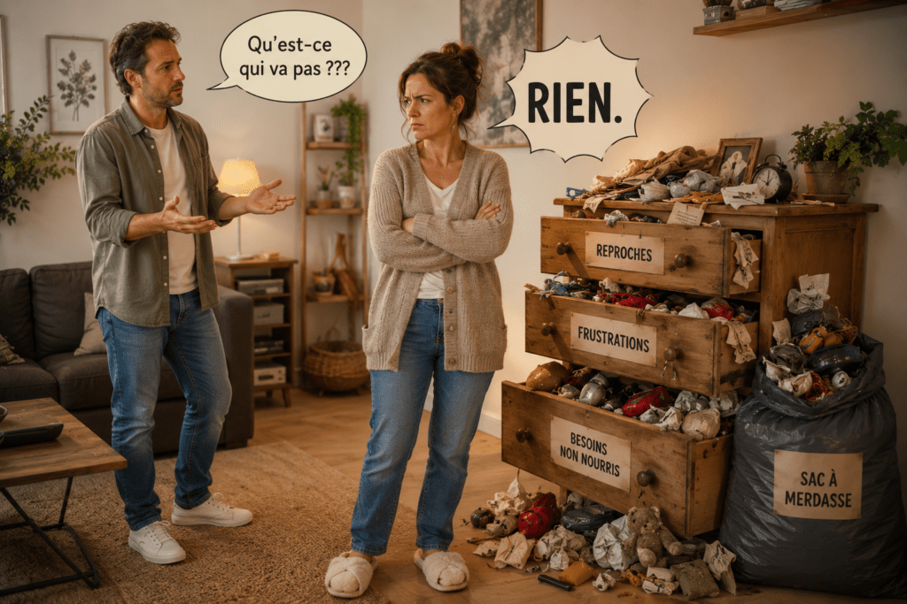 Un homme demande ce qui ne va pas à une femme qui répond « RIEN », devant une commode débordante de reproches, frustrations et besoins non nourris.