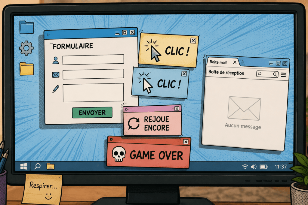 Écran d’ordinateur illustrant avec humour les clics et essais répétés pour faire fonctionner un formulaire et ses e-mails.