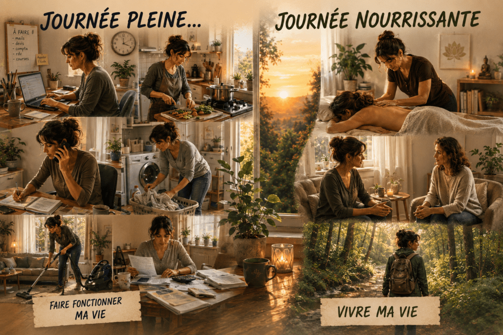 Illustration comparant une journée pleine de tâches quotidiennes à une journée nourrie par le massage, l’accompagnement et une marche en forêt.