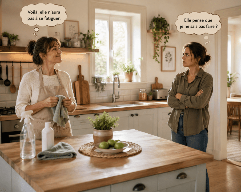 Une femme a nettoyé la cuisine d’une autre pour lui rendre service, tandis que celle-ci se sent envahie et dépossédée de son action.