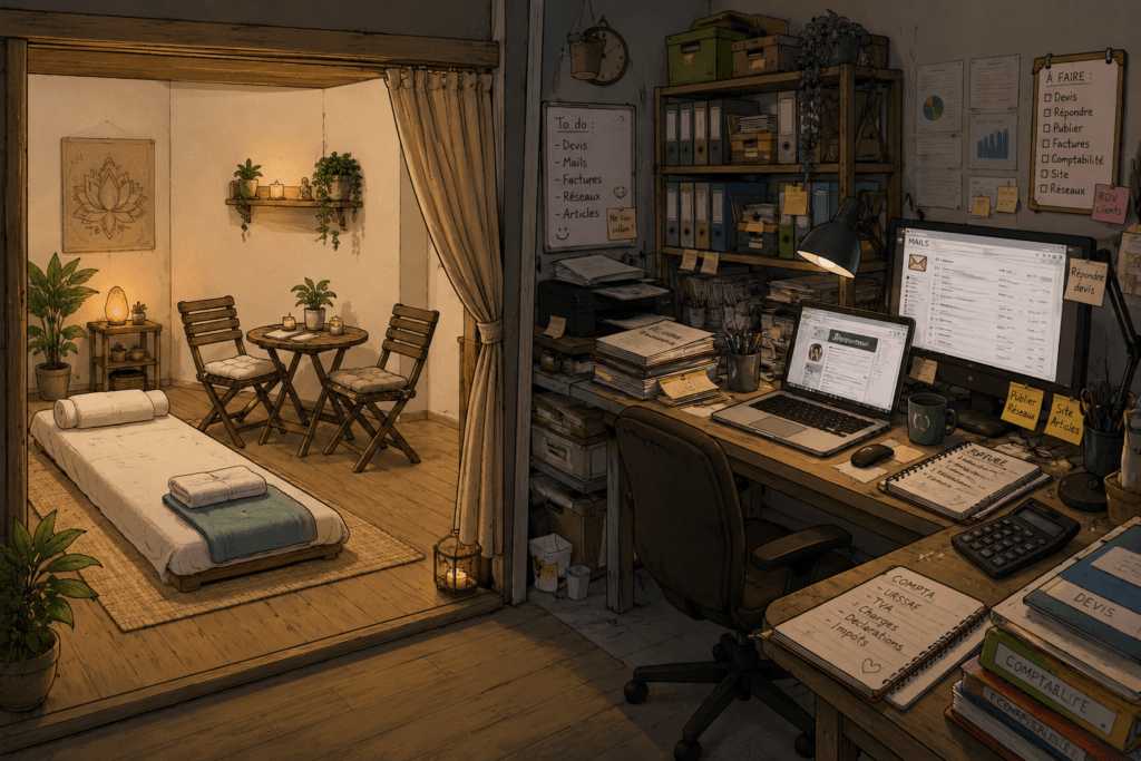 Espace bien-être avec futon et table d’accompagnement, contrastant avec les coulisses administratives d’une entrepreneuse.