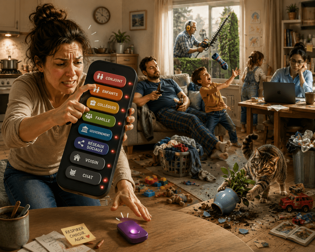 Une femme appuie désespérément sur une énorme télécommande destinée à contrôler son conjoint, ses enfants, ses collègues, sa famille, son voisin, les réseaux sociaux et son chat. Malgré tous ses efforts, chacun continue son activité, tandis qu'une petite télécommande posée devant elle symbolise son pouvoir d'agir sur elle-même.