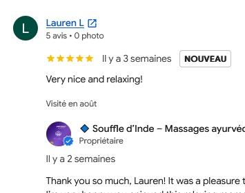 Avis Google 5 étoiles de Lauren après un massage bien-être chez Souffle d’Inde à Marsac-en-Livradois.