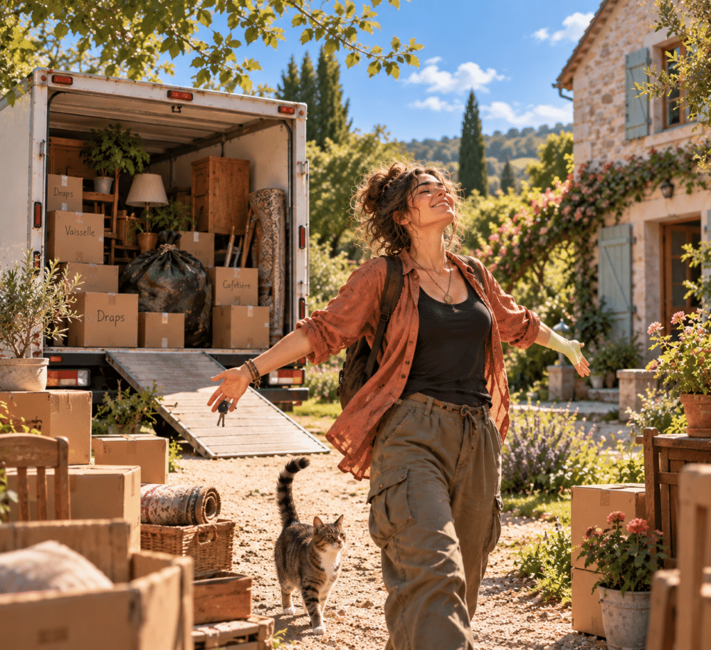 Une femme heureuse arrive dans sa nouvelle maison tandis qu’un gros sac encombrant reste glissé parmi les cartons de son déménagement.