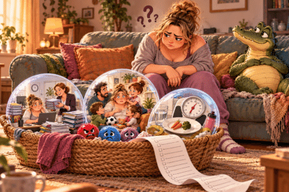 Femme fatiguée face à un panier représentant le travail, la famille, le poids et ses émotions.