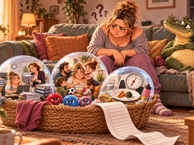 Femme fatiguée face à un panier représentant le travail, la famille, le poids et ses émotions.