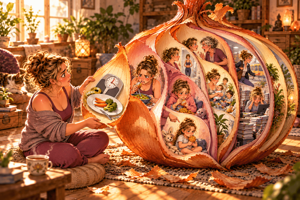 Femme épluchant un oignon symbolique dont les couches révèlent son rapport au poids, sa famille et son travail.
