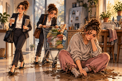 Illustration d’une femme de plus en plus épuisée, qui continue à travailler et à tout gérer avant de finir à bout, symboliquement enfoncée dans la boue.