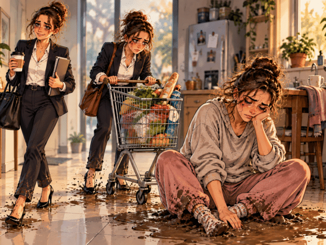 Illustration d’une femme de plus en plus épuisée, qui continue à travailler et à tout gérer avant de finir à bout, symboliquement enfoncée dans la boue.