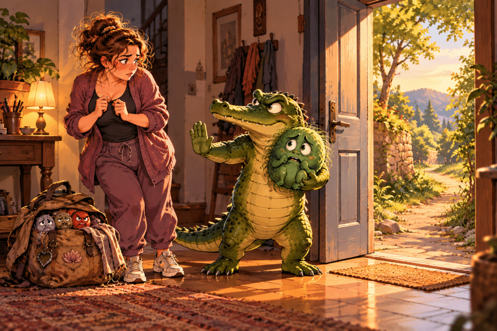 Femme hésitant devant une porte ouverte tandis que son crocodile intérieur lui présente la peur et l’empêche d’avancer.