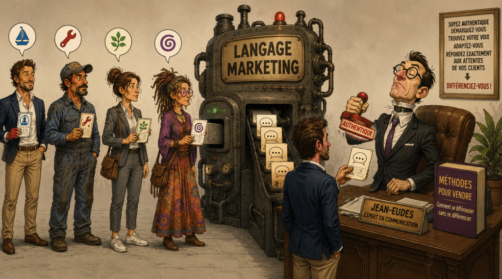 Quatre personnes aux univers différents passent leur langage dans une machine marketing qui le transforme en messages identiques