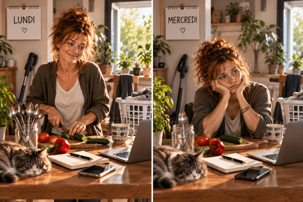 Même femme face aux mêmes tâches, énergique un lundi et beaucoup plus fatiguée un mercredi.