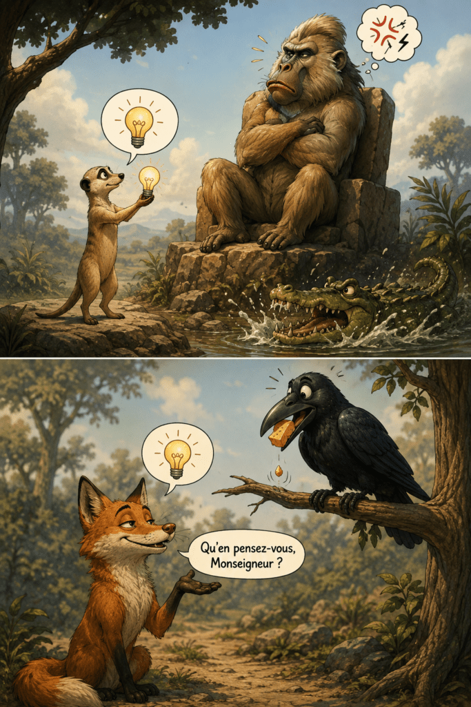 Suricate présentant une idée à un babouin vexé, puis renard proposant la même idée à un corbeau avec son fromage