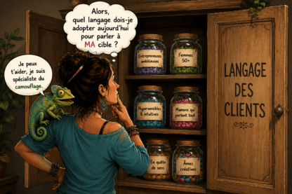 Femme devant un placard de langages clients avec un caméléon spécialiste du camouflage sur son épaule