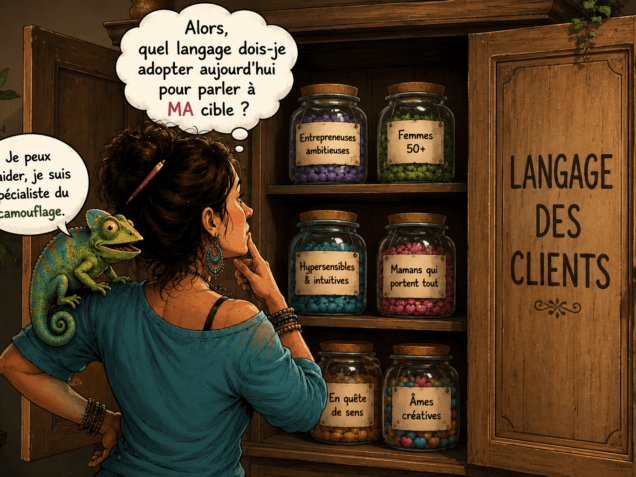 Femme devant un placard de langages clients avec un caméléon spécialiste du camouflage sur son épaule