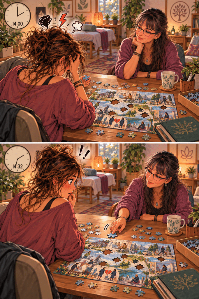 Une femme cherche seule une pièce de son puzzle avant qu’une accompagnatrice lui montre celle qu’elle n’avait pas vue.