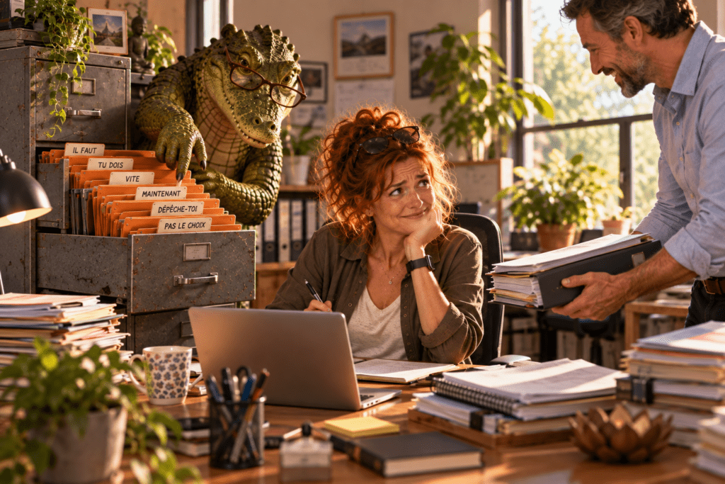 Femme au bureau crispée devant un nouveau dossier tandis qu’un crocodile cherche dans les archives des anciens « il faut ».
