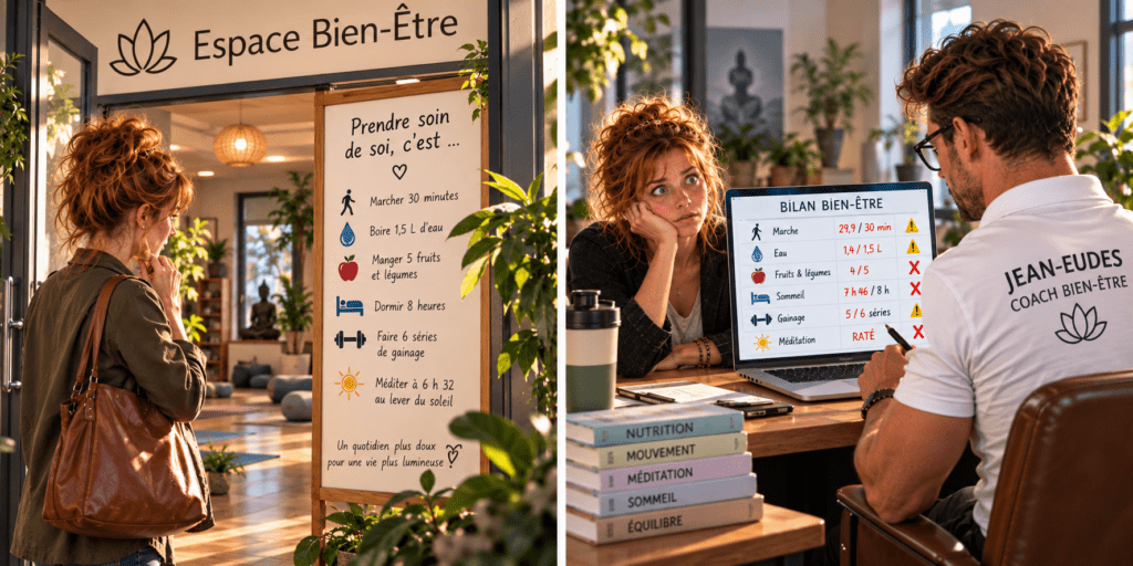 Femme découvrant les règles du bien-être puis évaluée par un coach sur ses habitudes quotidiennes.