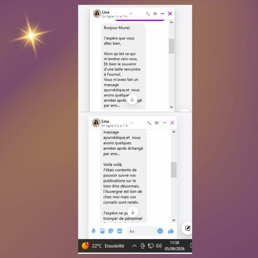 Message de Lina quelques années après notre rencontre, se souvenant de nos échanges autour du massage ayurvédique.