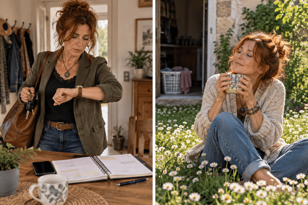 Femme pressée par un rendez-vous puis détendue dans son jardin pendant que le linge attend.