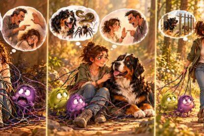 Trois étapes de l'évolution d'une femme : d'abord paralysée par ses peurs, puis rassurée auprès d'un bouvier bernois, enfin en balade avec deux chiens, plus confiante.