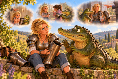 Une femme blonde en armure examine une jambière retirée, sous le regard inquiet de son crocodile protecteur. Au-dessus, trois souvenirs illustrent la construction de son armure depuis l'enfance.