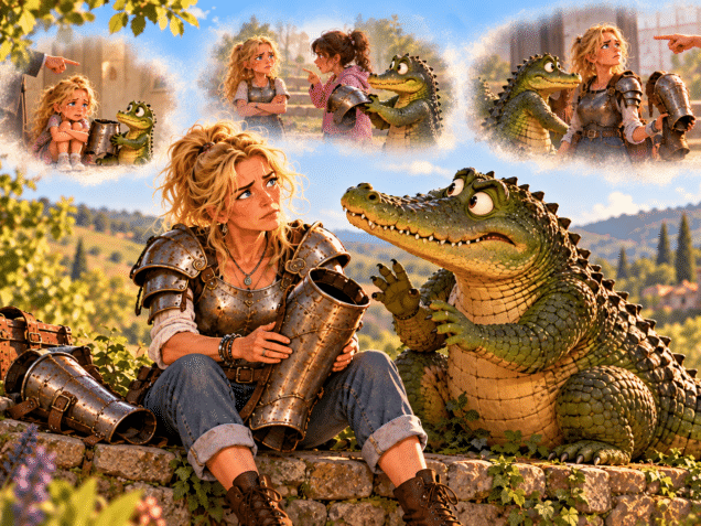 Une femme blonde en armure examine une jambière retirée, sous le regard inquiet de son crocodile protecteur. Au-dessus, trois souvenirs illustrent la construction de son armure depuis l'enfance.
