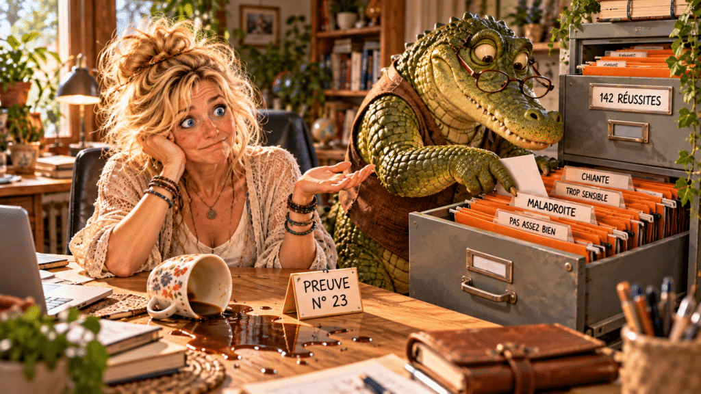 Une femme blonde devant son café renversé, tandis qu'un crocodile archiviste classe sa maladresse parmi ses croyances négatives et ignore ses 142 réussites.